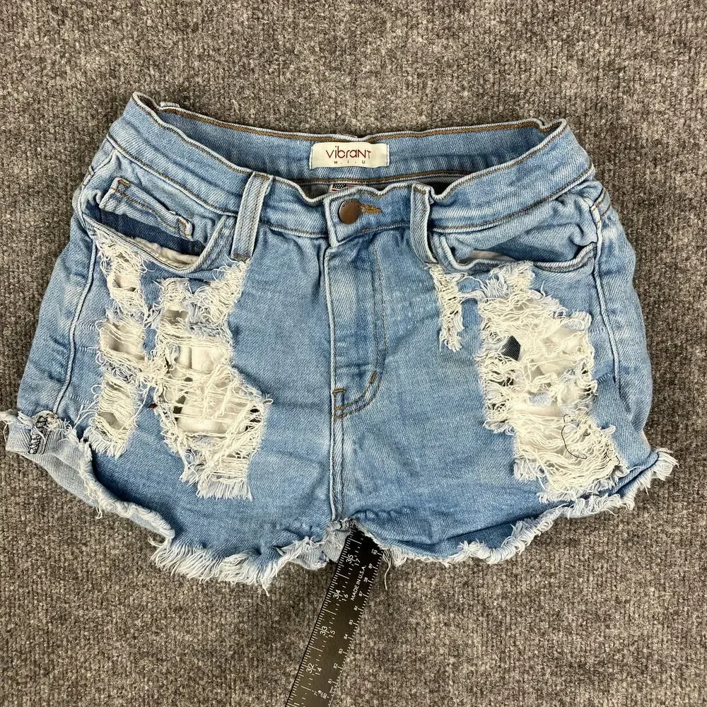 Vibrant M.I.U. Denim Girls Shorts Medium Light Wash Distressed Cutoff Frayed 24